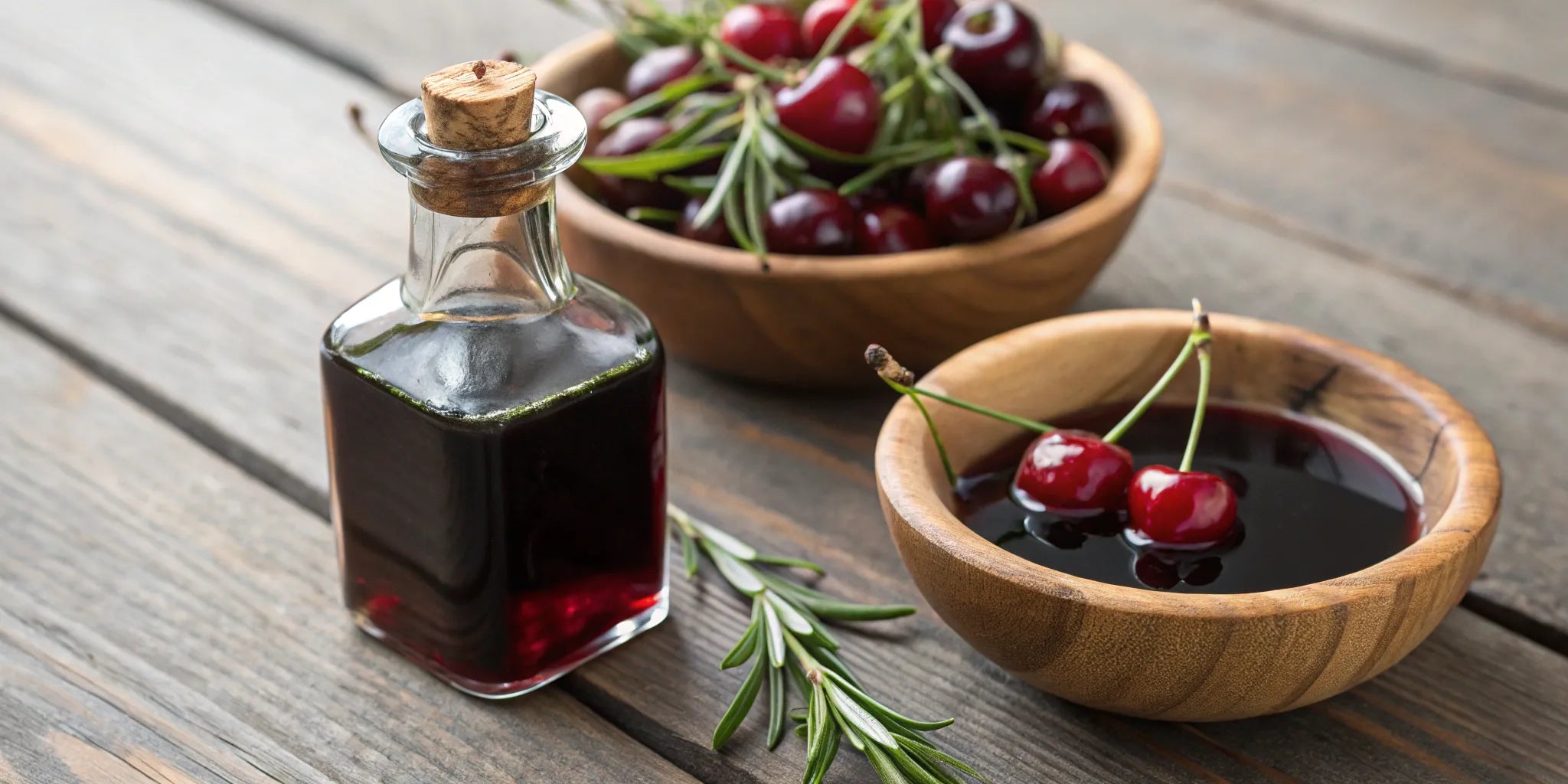 Best cherry balsamic vinegar in a bottle with fresh cherries and herbs.