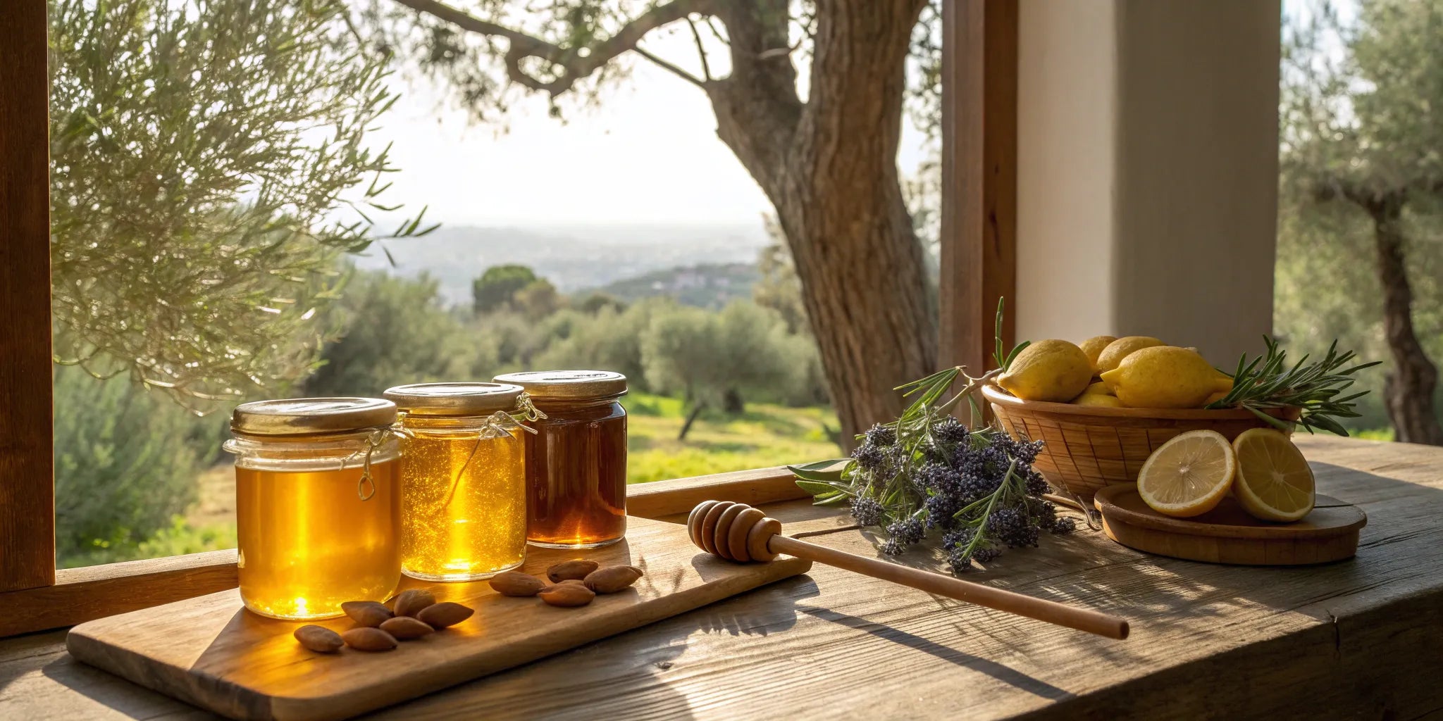 Jars of the best artisanal Greek honey surrounded by fresh lemons, herbs, and almonds.