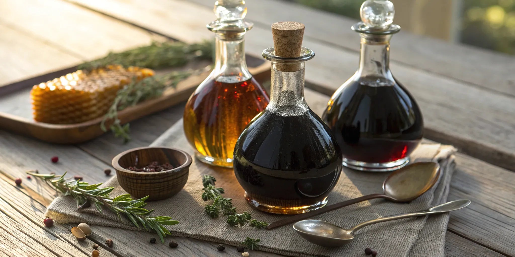 A selection of the best thyme honey infused balsamic vinegar bottles.