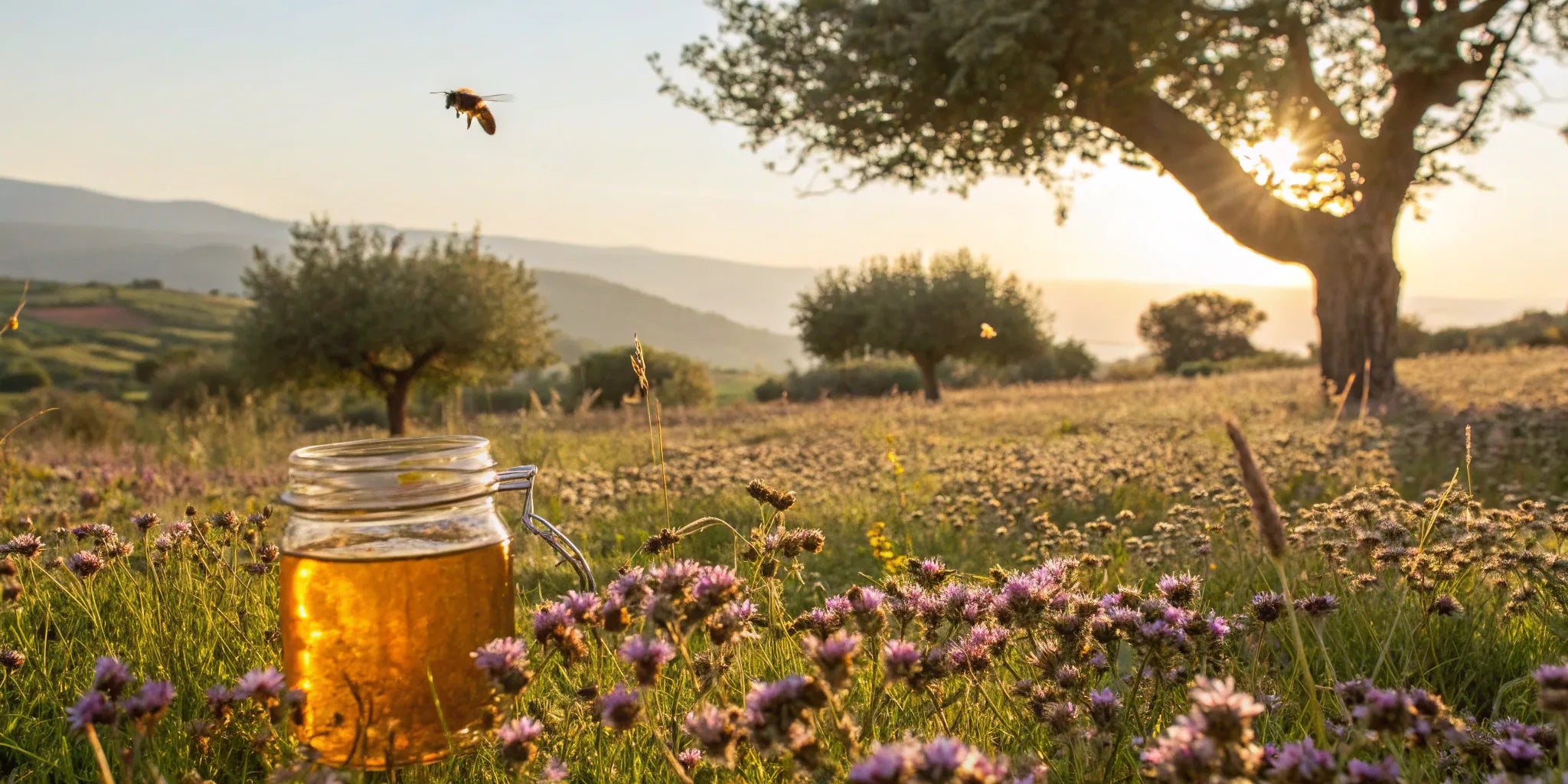 A jar of Greek thyme honey on wildflowers with a bee in the Greek countryside at sunset.