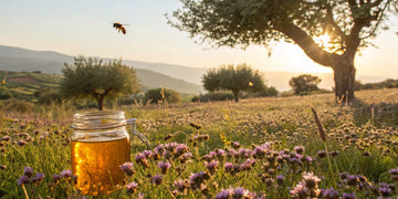 A jar of Greek thyme honey on wildflowers with a bee in the Greek countryside at sunset.