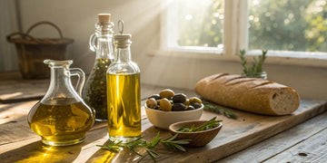 A selection of artisanal Greek olive oil to buy, displayed with fresh olives on a wooden table.
