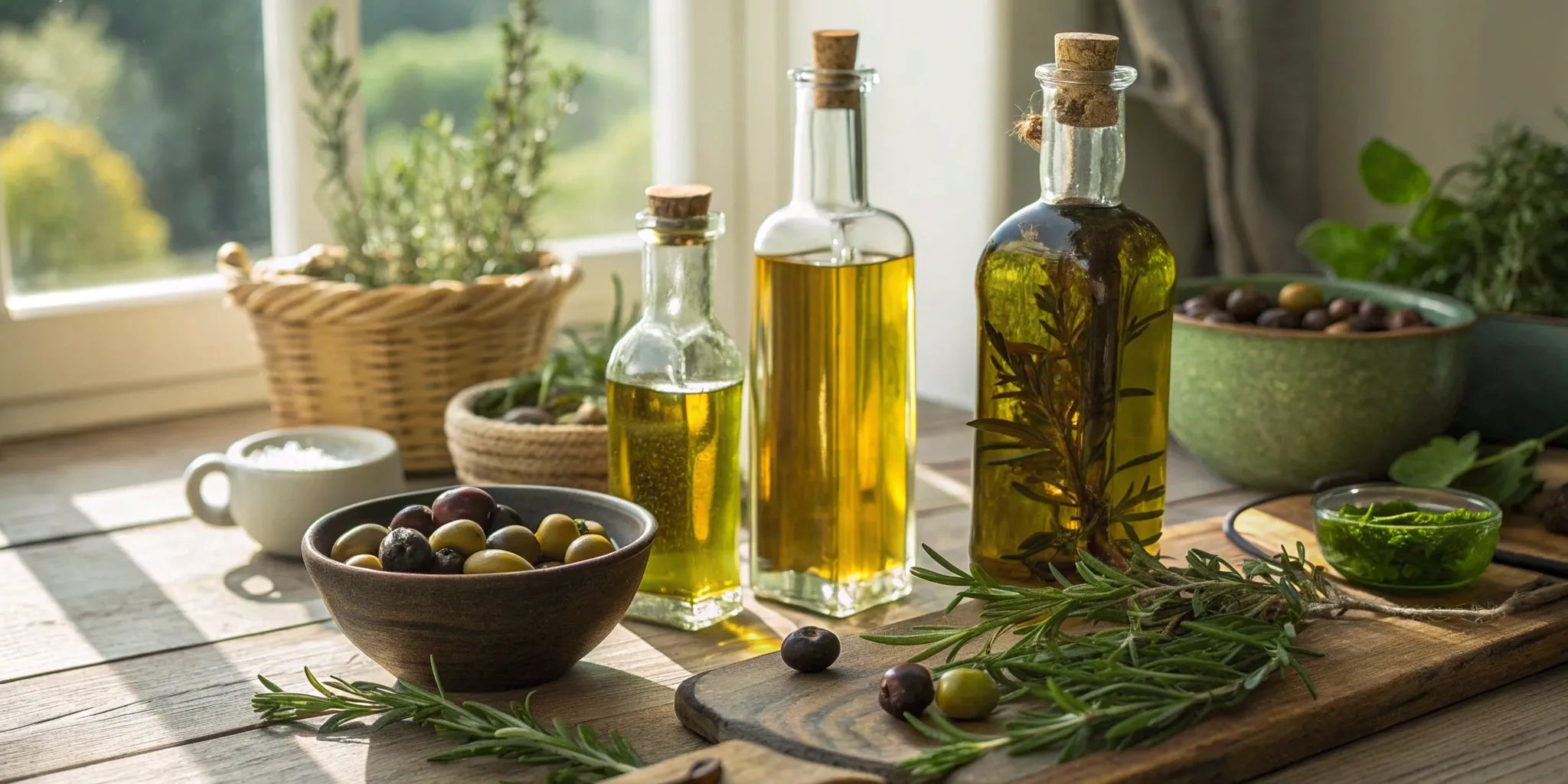 Authentic Cretan olive oil in a glass bottle, surrounded by fresh olives.