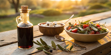 Authentic Greek balsamic glaze drizzled over a fresh salad with feta cheese.