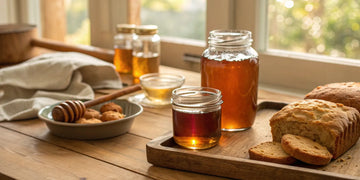 Jars of honey, one of the best natural sweeteners for baking, on a table with fresh bread.