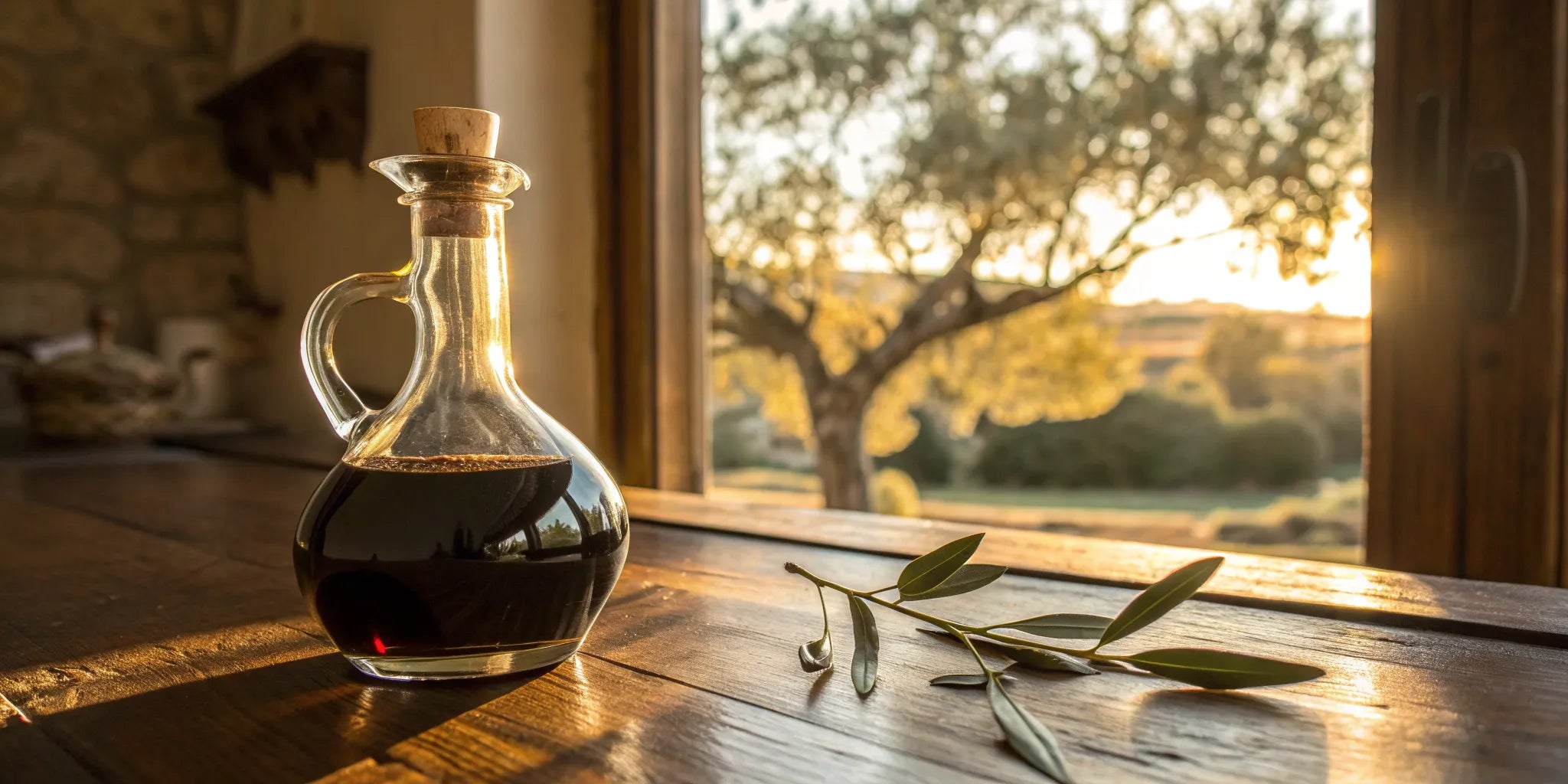 Authentic Greek balsamic vinegar in a glass bottle on a sunlit table with an olive branch.