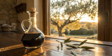 Authentic Greek balsamic vinegar in a glass bottle on a sunlit table with an olive branch.