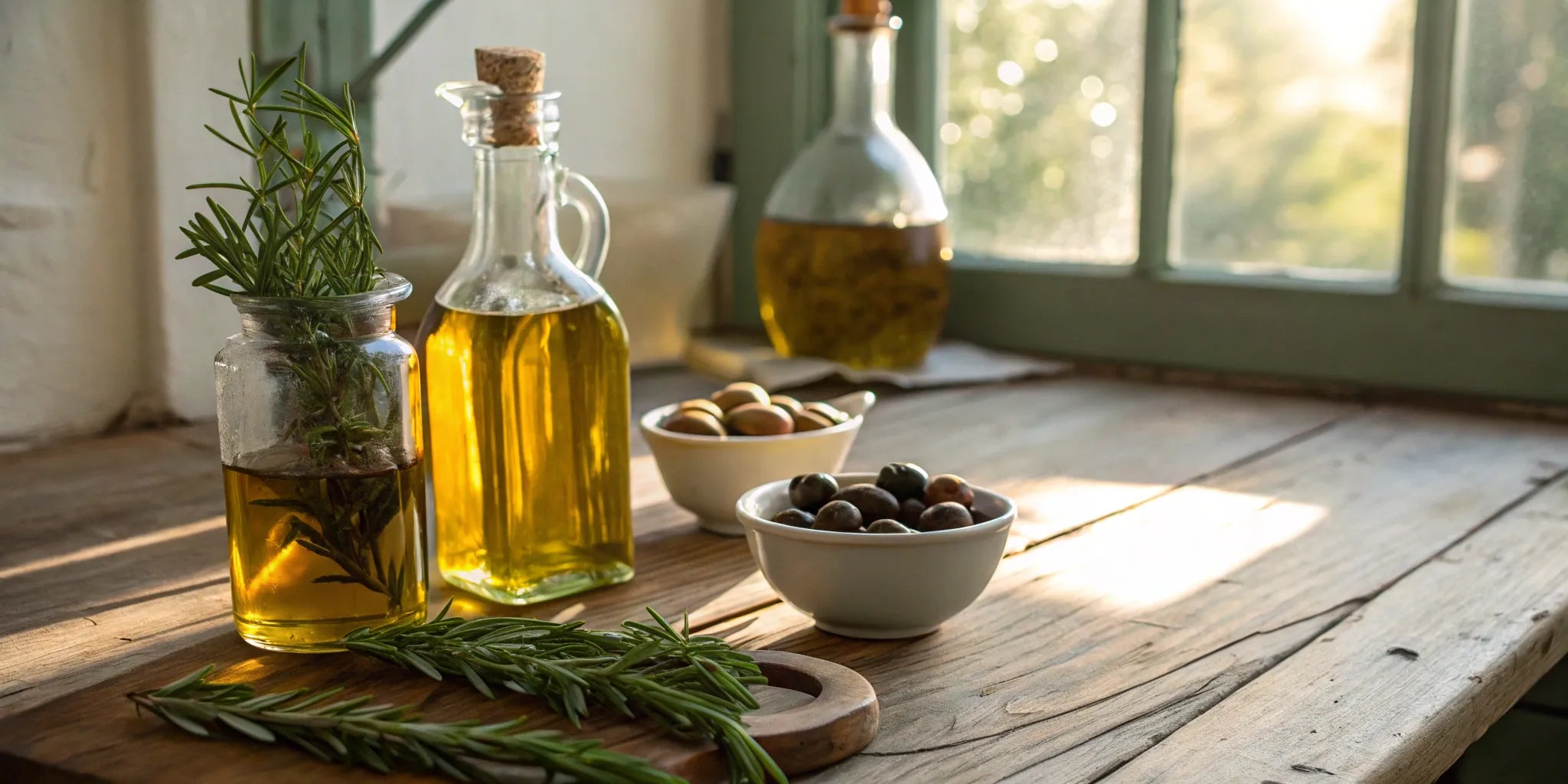 Bottles of authentic Greek olive oil on a table, a guide for where to buy it in the USA.