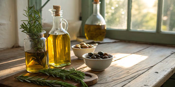 Bottles of authentic Greek olive oil on a table, a guide for where to buy it in the USA.