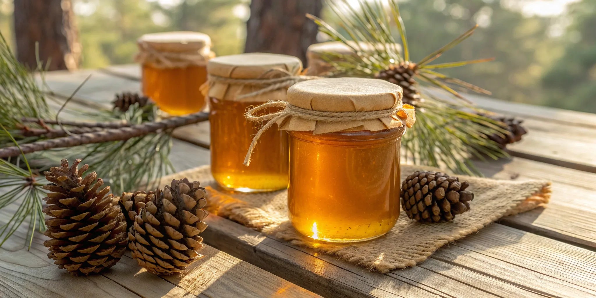 Jars of authentic Greek pine honey with pinecones, ready to buy online.