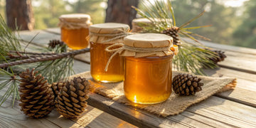 Jars of authentic Greek pine honey with pinecones, ready to buy online.