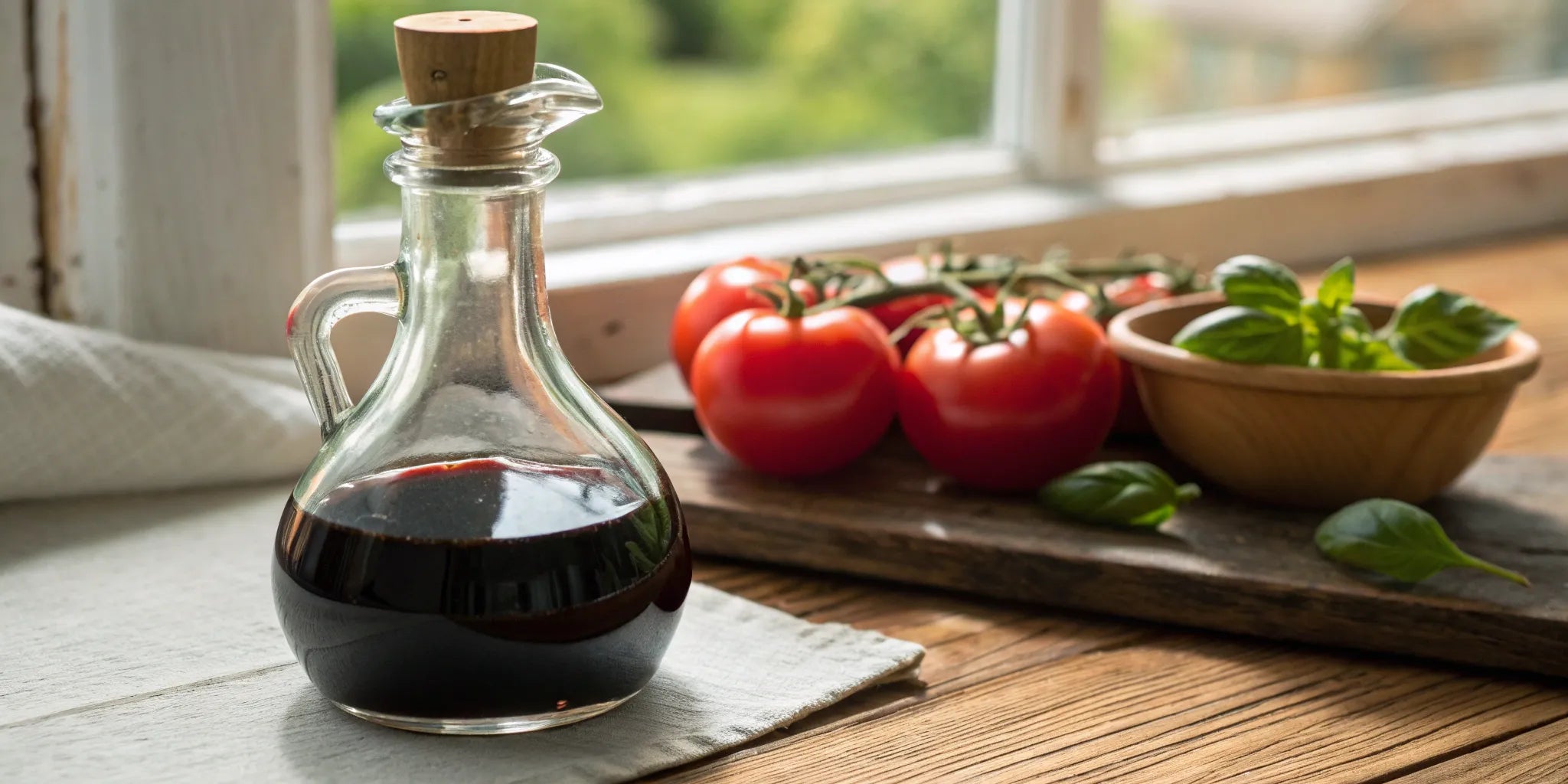 Gourmet blends balsamic vinegar in a glass bottle with fresh tomatoes and basil.