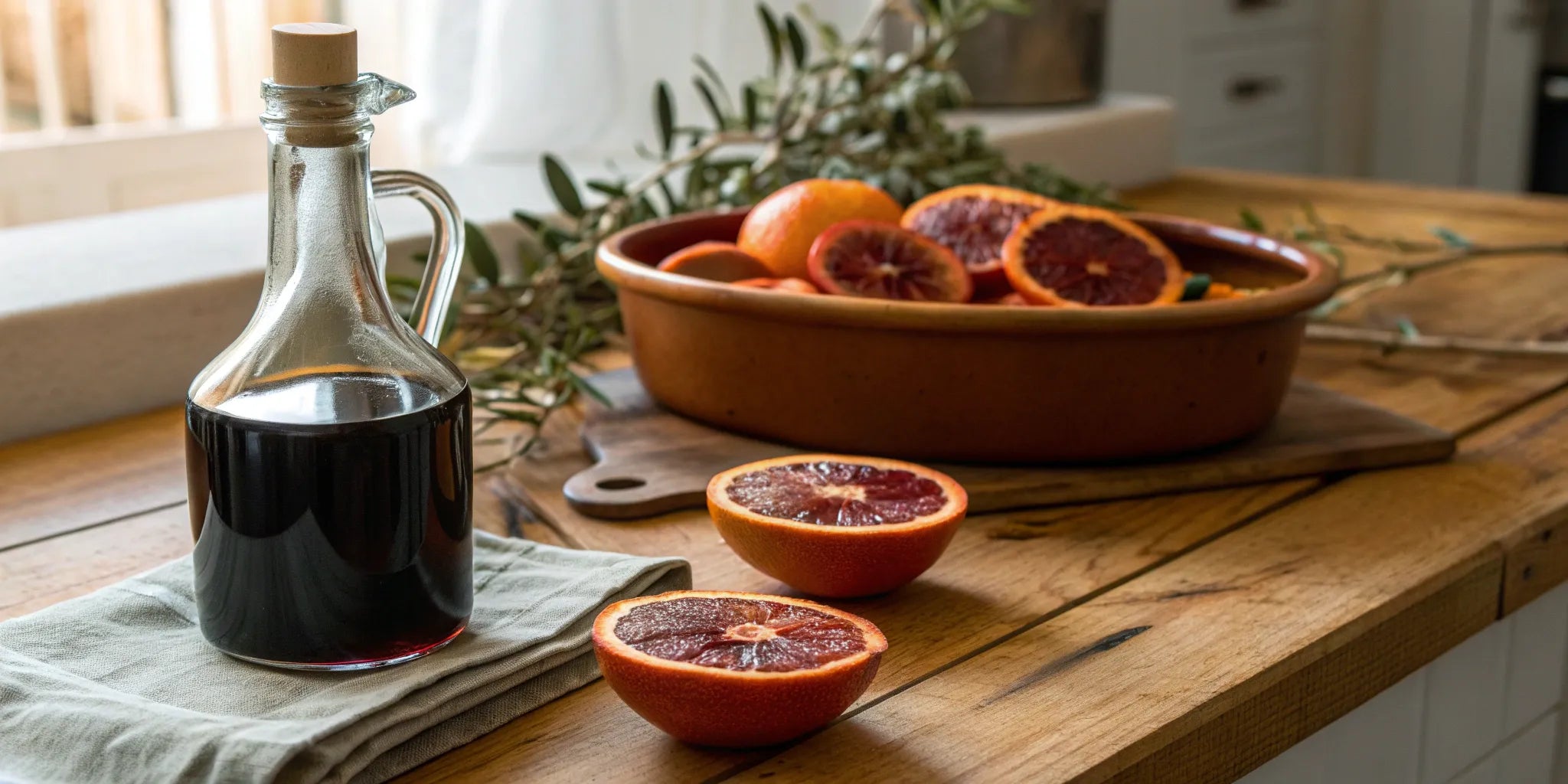 A bottle of Greek blood orange balsamic vinegar with sliced blood oranges.